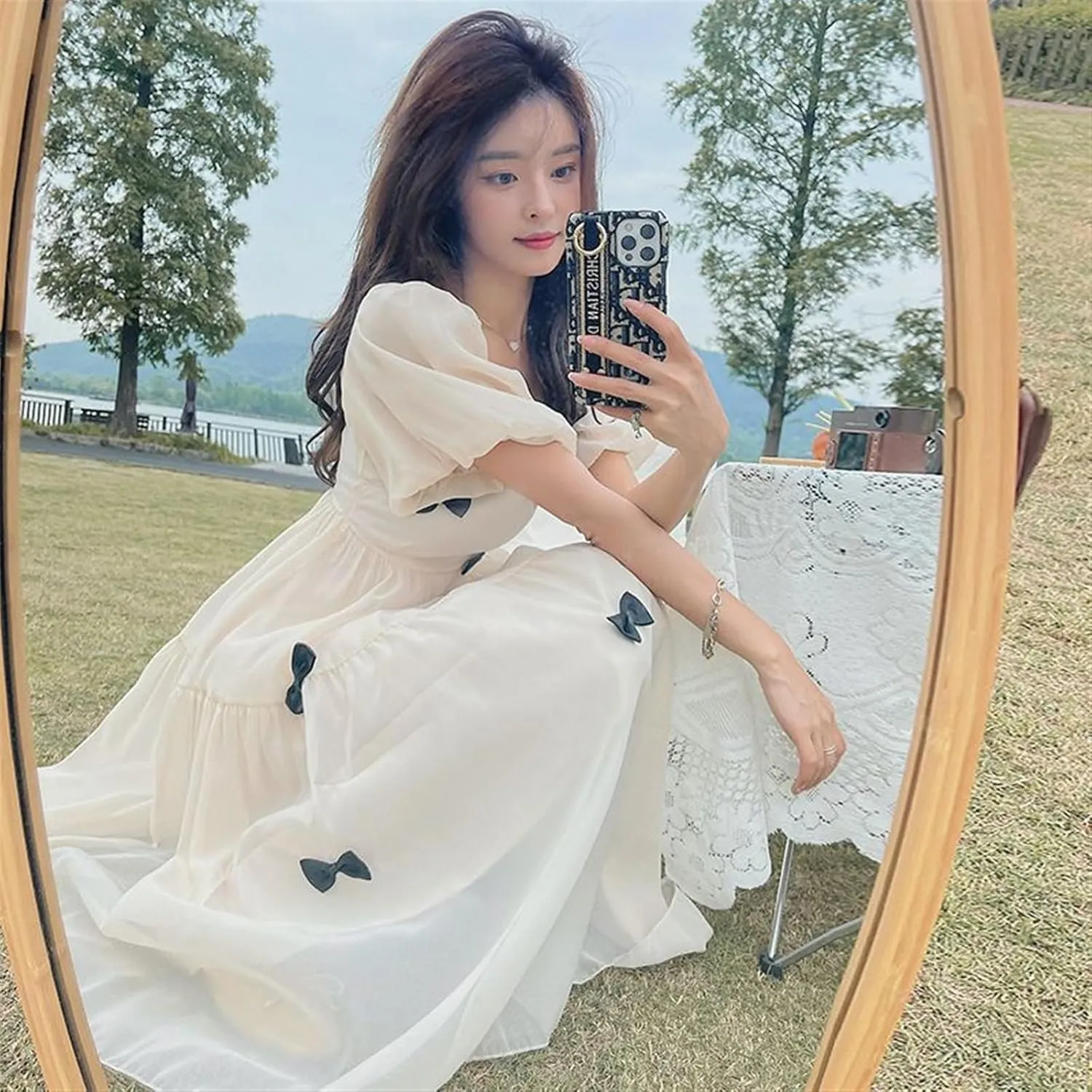 Womens Casual Dresses French Long Skirt Retro Dress Gentle Style Square Neck Bubble Sleeves Apricot Skirt