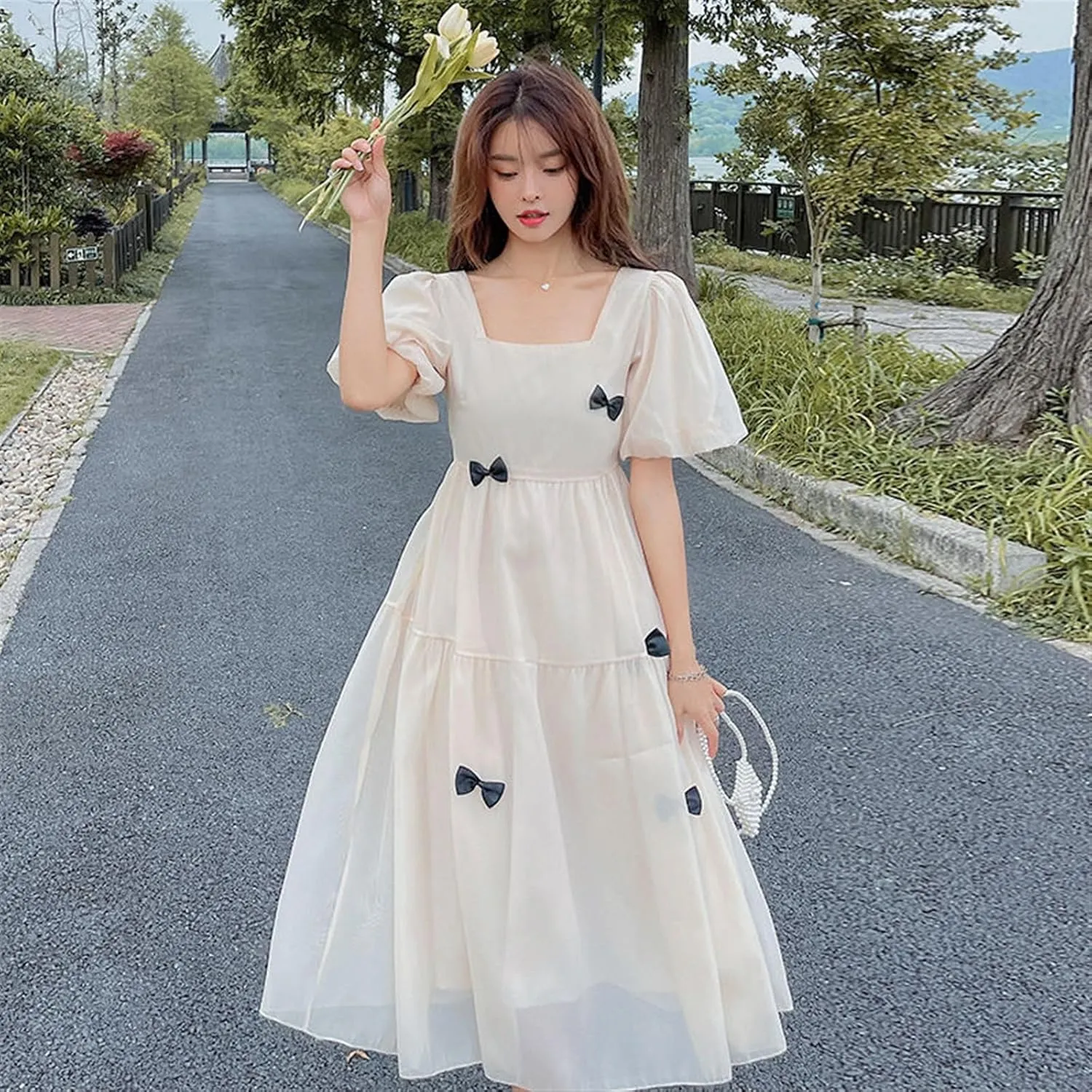 Womens Casual Dresses French Long Skirt Retro Dress Gentle Style Square Neck Bubble Sleeves Apricot Skirt