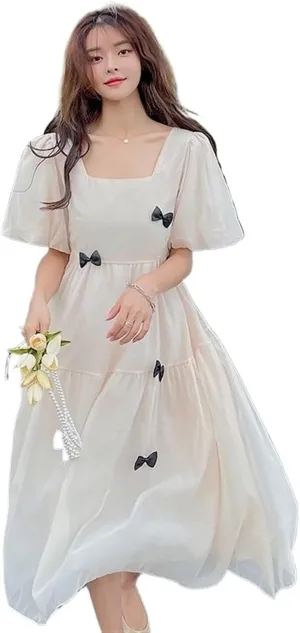 Womens Casual Dresses French Long Skirt Retro Dress Gentle Style Square Neck Bubble Sleeves Apricot Skirt