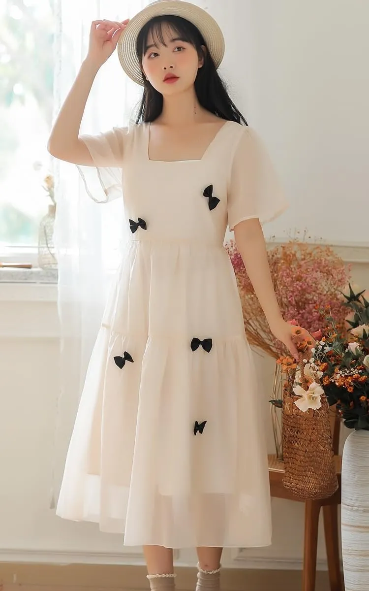 Womens Casual Dresses French Long Skirt Retro Dress Gentle Style Square Neck Bubble Sleeves Apricot Skirt