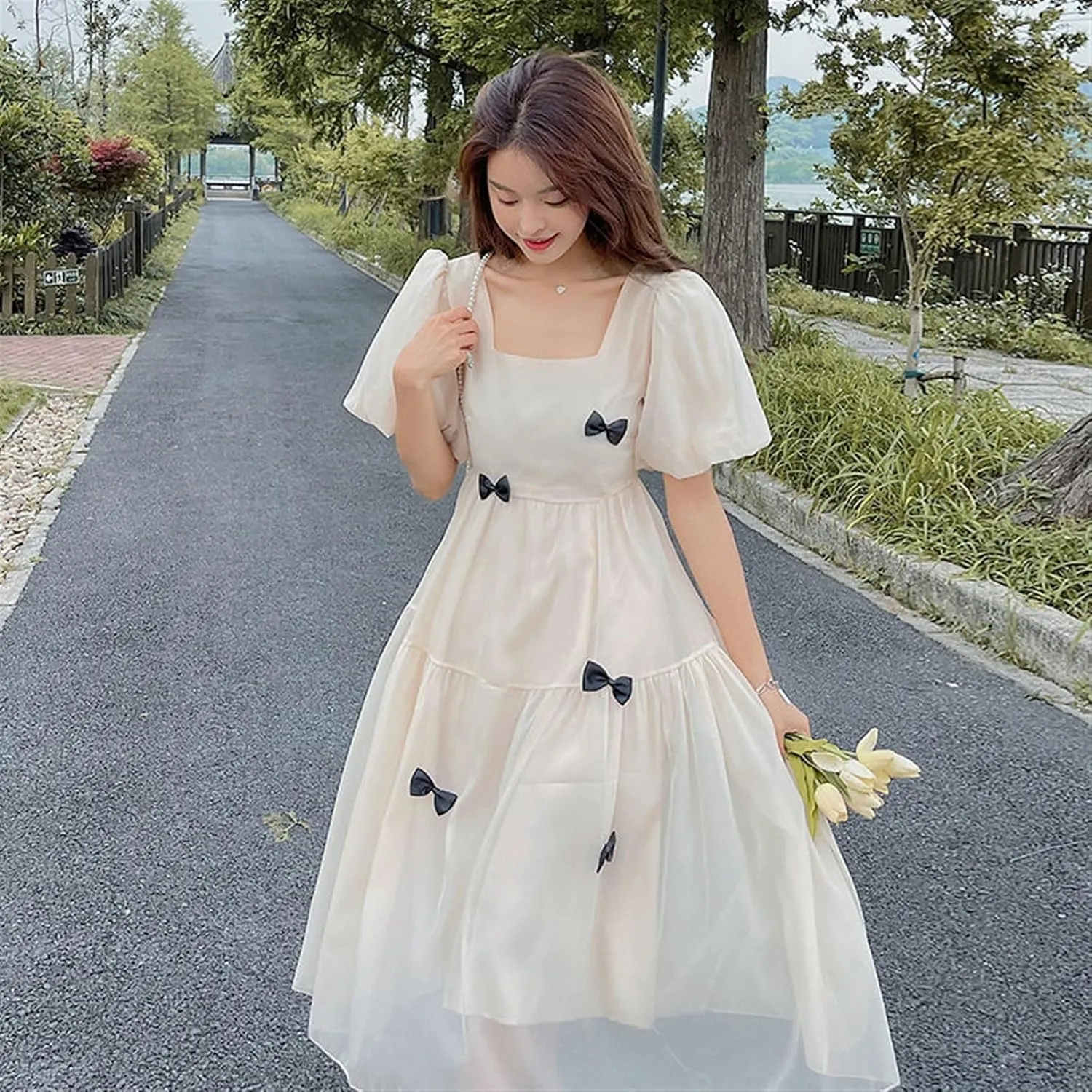 Womens Casual Dresses French Long Skirt Retro Dress Gentle Style Square Neck Bubble Sleeves Apricot Skirt