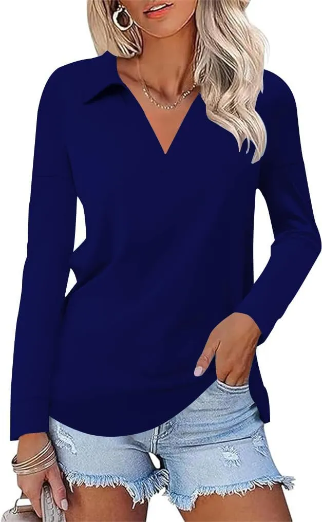 Women's Casual Polo Shirts Long Sleeve V Neck Collared Work Tops Ladies Tunics Tees Business Blouse 2024 Fall