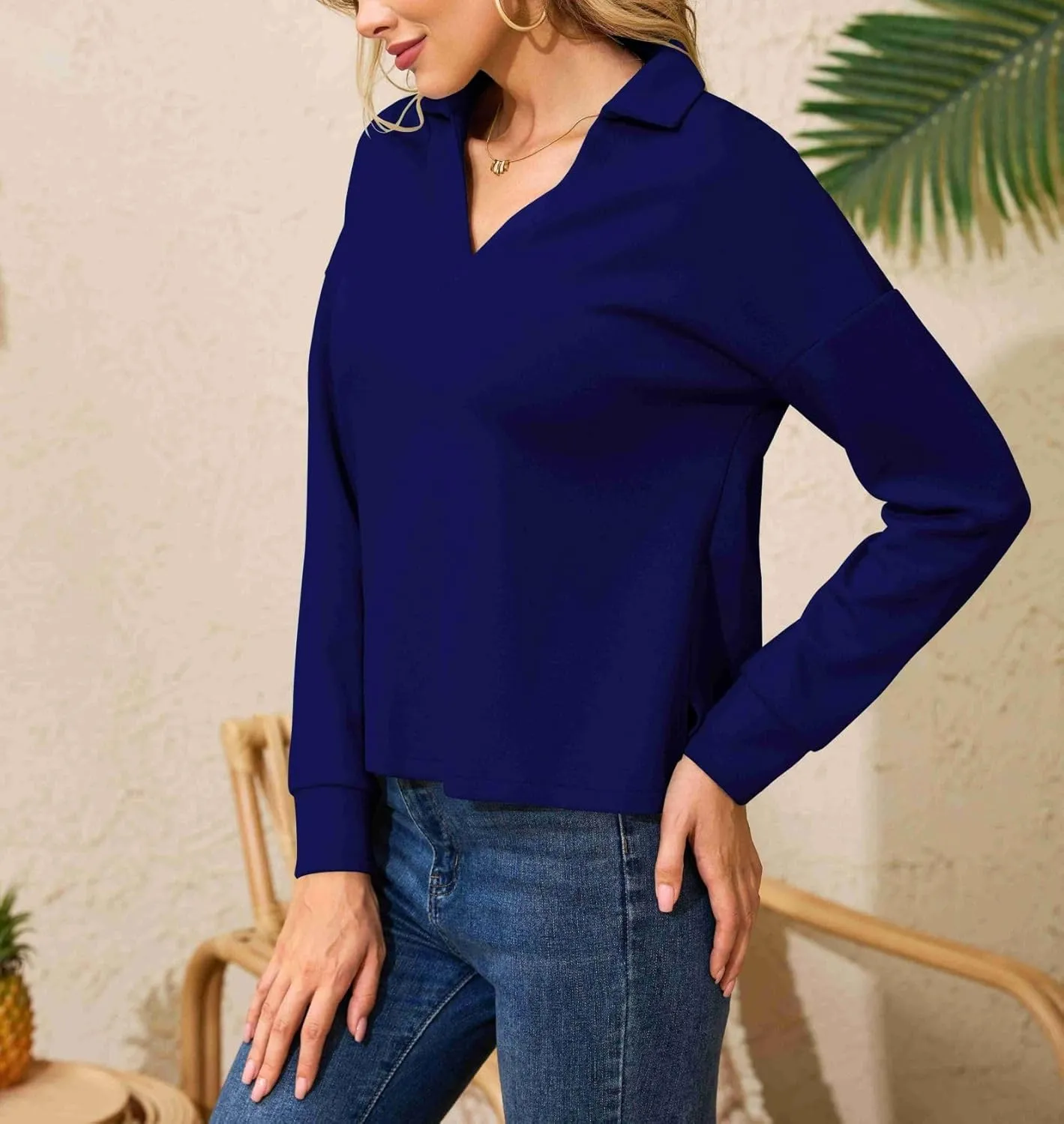 Women's Casual Polo Shirts Long Sleeve V Neck Collared Work Tops Ladies Tunics Tees Business Blouse 2024 Fall