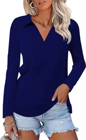 Women's Casual Polo Shirts Long Sleeve V Neck Collared Work Tops Ladies Tunics Tees Business Blouse 2024 Fall