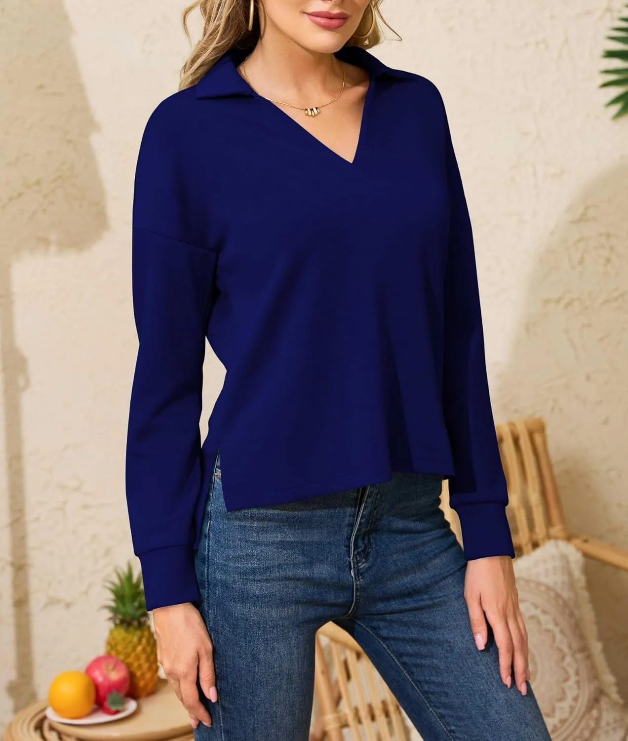 Women's Casual Polo Shirts Long Sleeve V Neck Collared Work Tops Ladies Tunics Tees Business Blouse 2024 Fall