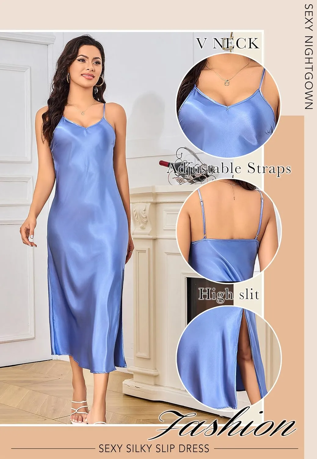 Women's Causal Silky Long Satin Slip Dress Nightgown Adjustable Strap Midi Dress Silky Gown V Neck Under Dress