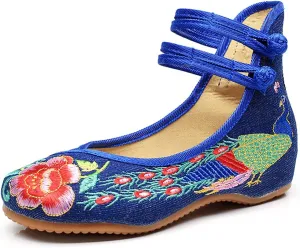 Women's Chinese Traditional Embroidered Oxfords Sole Cheongsam Mary Jane Shoes Ladies Casual Comfort Soft Canvas Flats