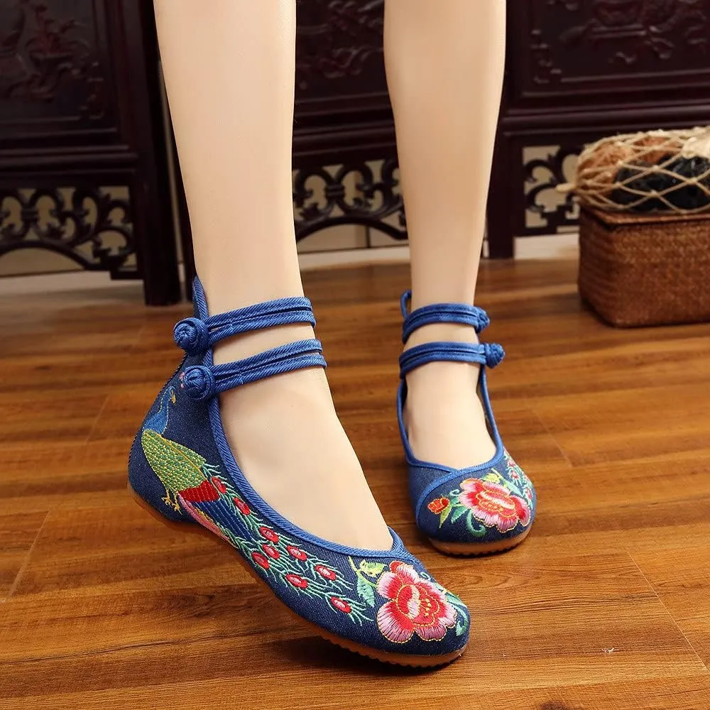 Women's Chinese Traditional Embroidered Oxfords Sole Cheongsam Mary Jane Shoes Ladies Casual Comfort Soft Canvas Flats