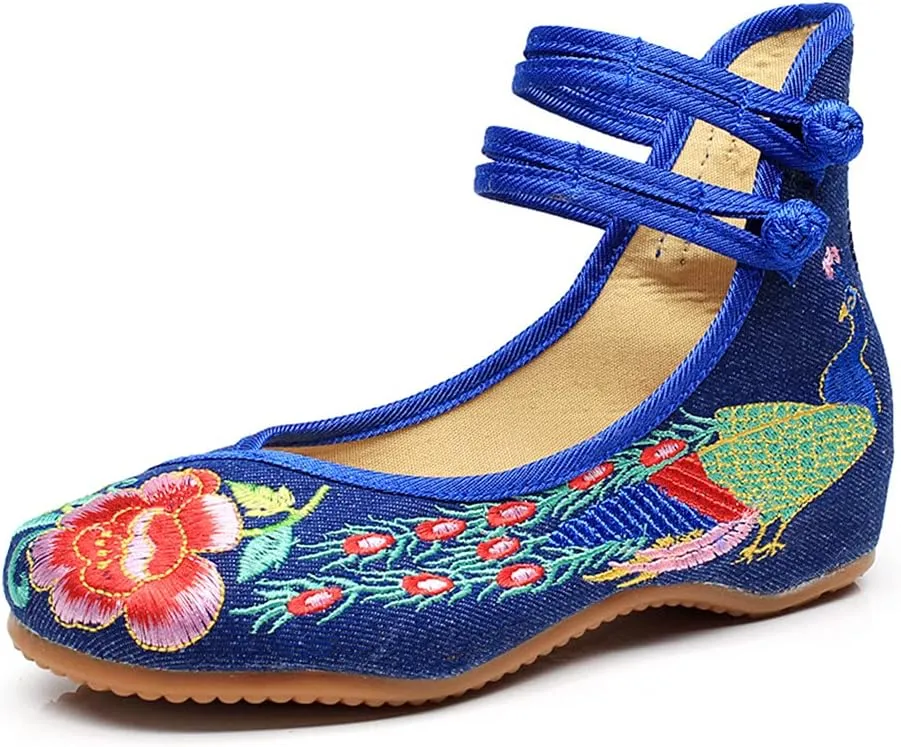 Women's Chinese Traditional Embroidered Oxfords Sole Cheongsam Mary Jane Shoes Ladies Casual Comfort Soft Canvas Flats