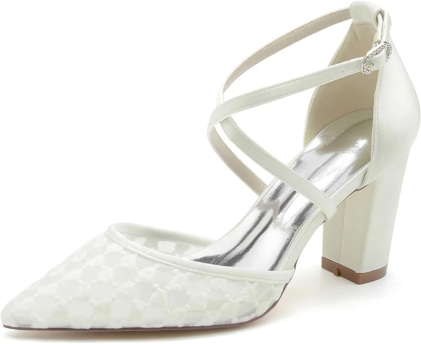 Women's Closed-Toe Wedding Shoes with 3.34-Inch Chunky Heel & Pointed Toe Pump in Lace Satin with Buckle & Elegant High Heel Imitation for Bridal