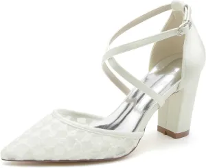 Women's Closed-Toe Wedding Shoes with 3.34-Inch Chunky Heel & Pointed Toe Pump in Lace Satin with Buckle & Elegant High Heel Imitation for Bridal