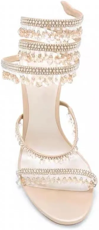 Women's Crystal Wrap Lace Up Stiletto High Heels Slingback Round Toe Lace Up Tassel Wrap Around High Heel Sandals
