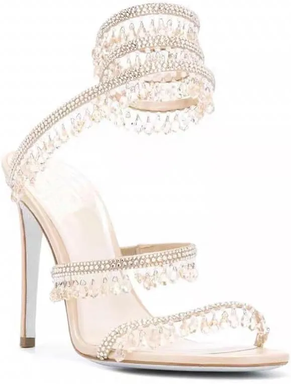 Women's Crystal Wrap Lace Up Stiletto High Heels Slingback Round Toe Lace Up Tassel Wrap Around High Heel Sandals