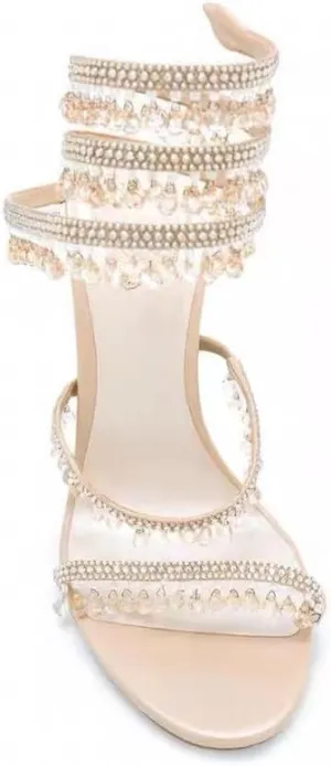 Women's Crystal Wrap Lace Up Stiletto High Heels Slingback Round Toe Lace Up Tassel Wrap Around High Heel Sandals