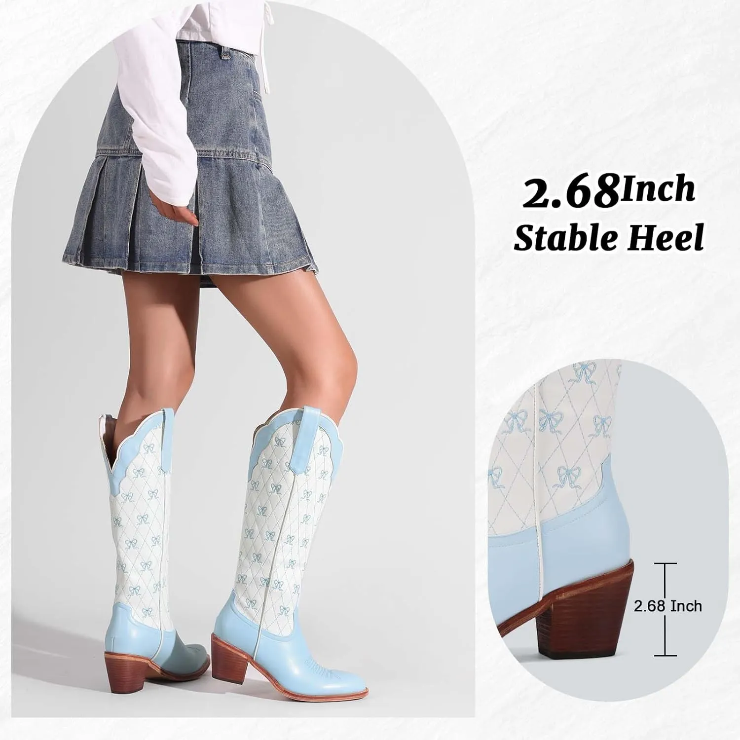 Women's Cute Cowboy Boots With Bow Embroidery Casual Knee High Cowgirl Boots For Women Chunky Heel Pointed Toe Western Style Boot With Color-Block Design For Prom Dressy Party