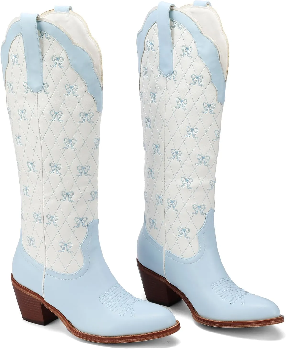 Women's Cute Cowboy Boots With Bow Embroidery Casual Knee High Cowgirl Boots For Women Chunky Heel Pointed Toe Western Style Boot With Color-Block Design For Prom Dressy Party