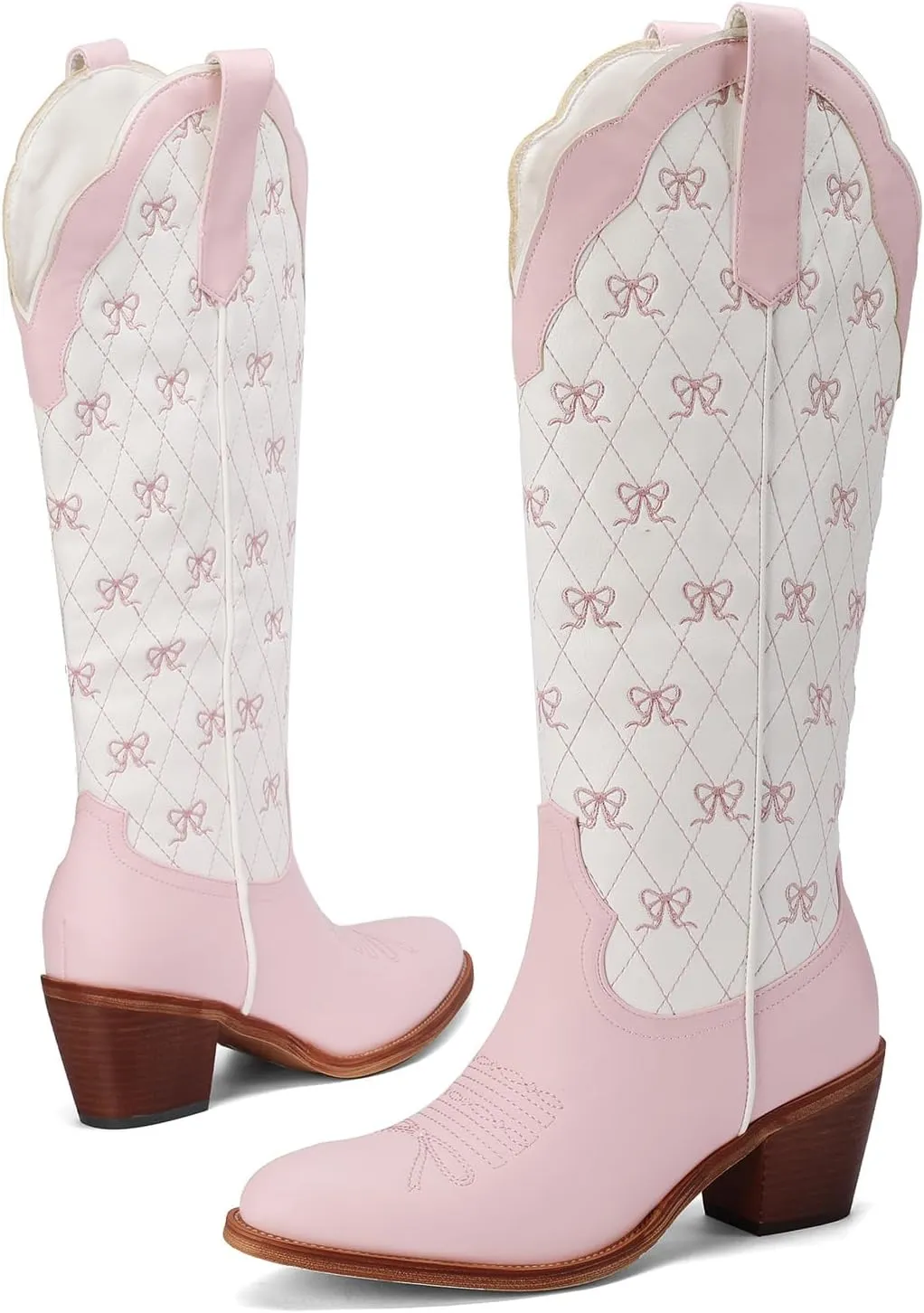 Women's Cute Cowboy Boots With Bow Embroidery Casual Knee High Cowgirl Boots For Women Chunky Heel Pointed Toe Western Style Boot With Color-Block Design For Prom Dressy Party