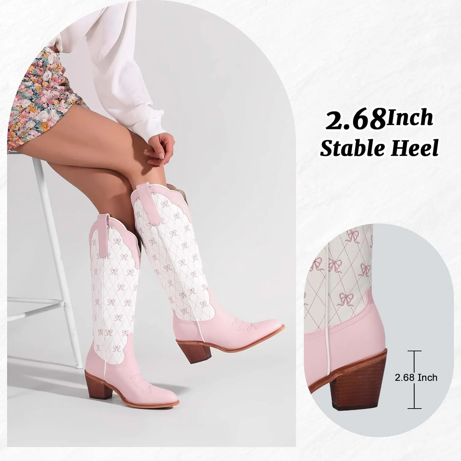 Women's Cute Cowboy Boots With Bow Embroidery Casual Knee High Cowgirl Boots For Women Chunky Heel Pointed Toe Western Style Boot With Color-Block Design For Prom Dressy Party