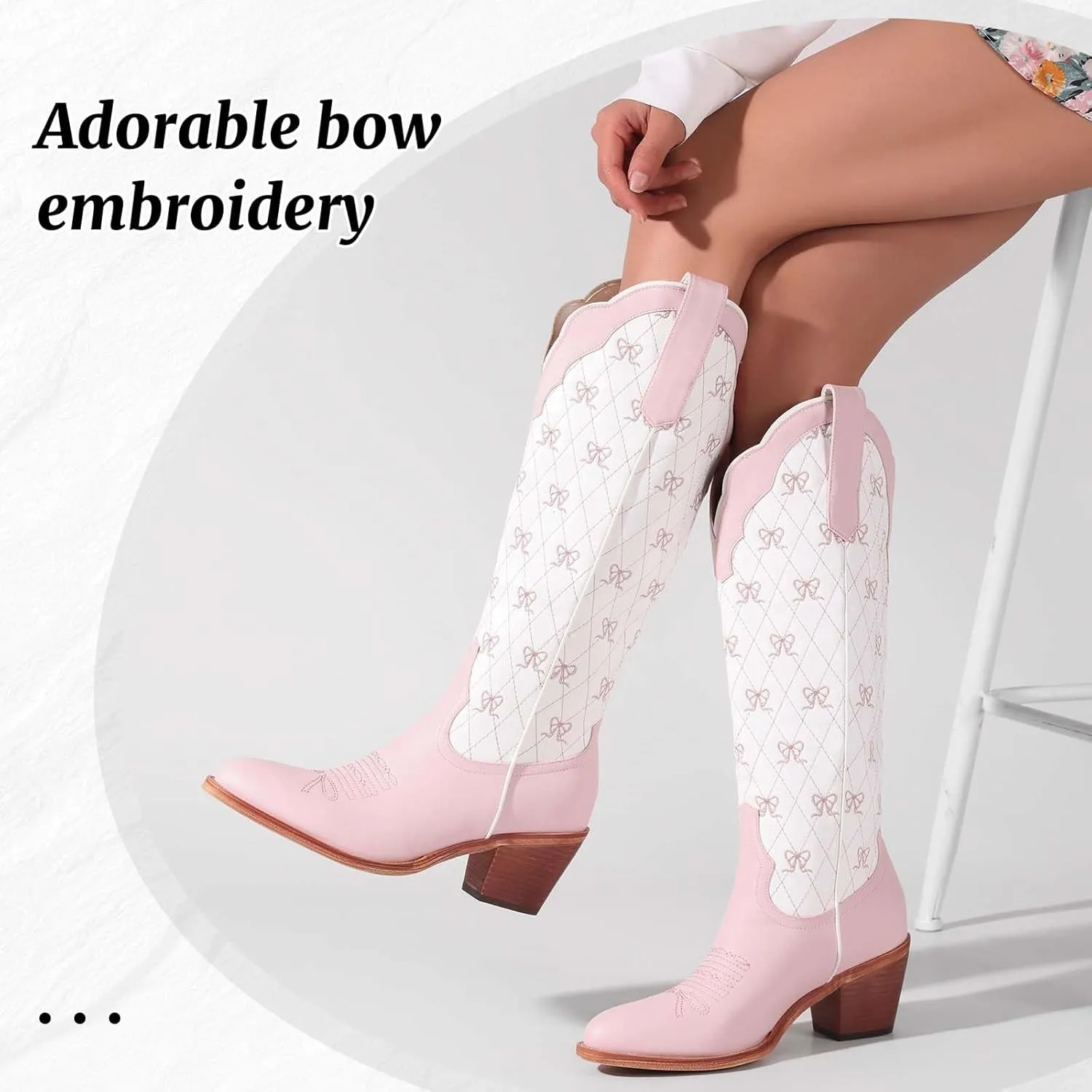 Women's Cute Cowboy Boots With Bow Embroidery Casual Knee High Cowgirl Boots For Women Chunky Heel Pointed Toe Western Style Boot With Color-Block Design For Prom Dressy Party