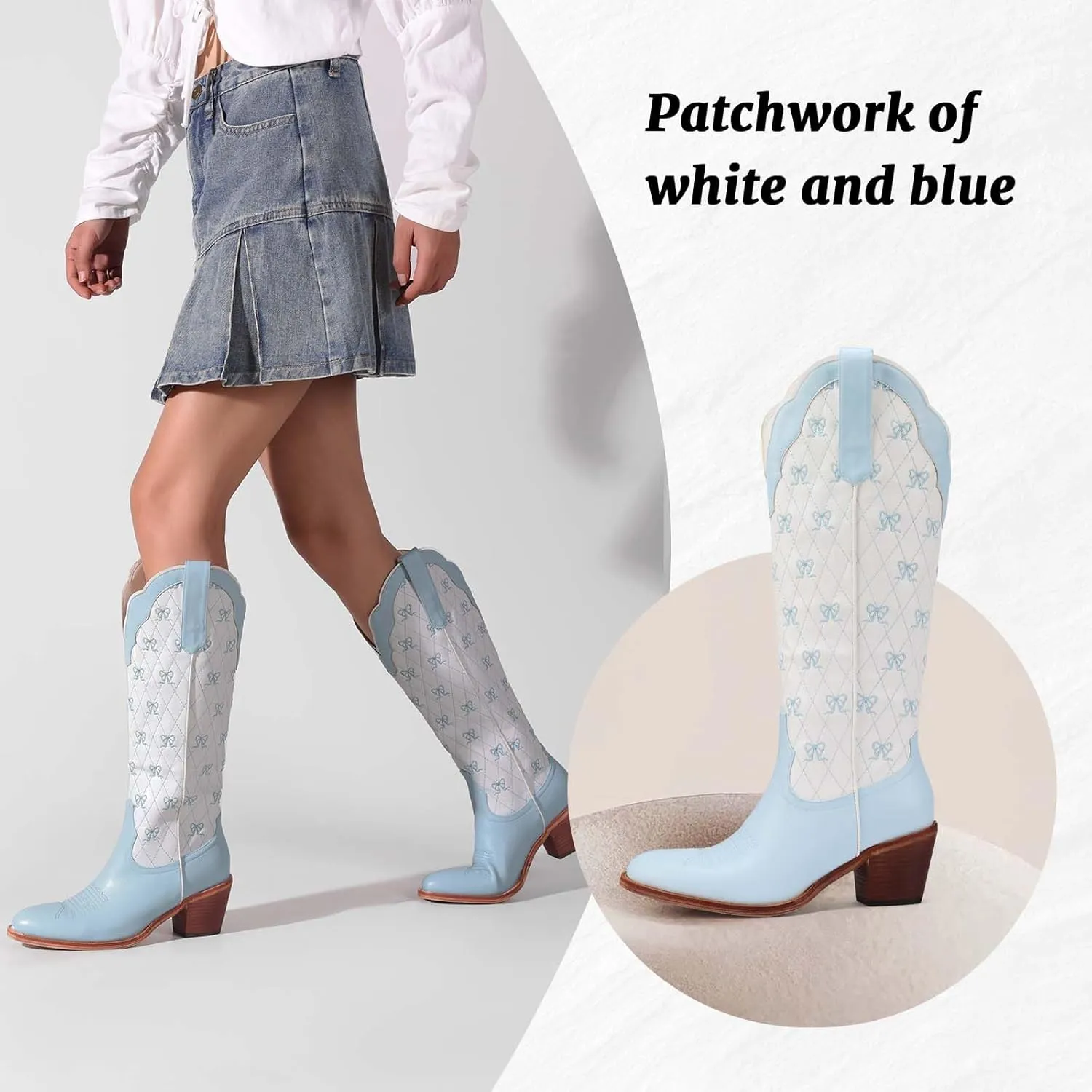 Women's Cute Cowboy Boots With Bow Embroidery Casual Knee High Cowgirl Boots For Women Chunky Heel Pointed Toe Western Style Boot With Color-Block Design For Prom Dressy Party