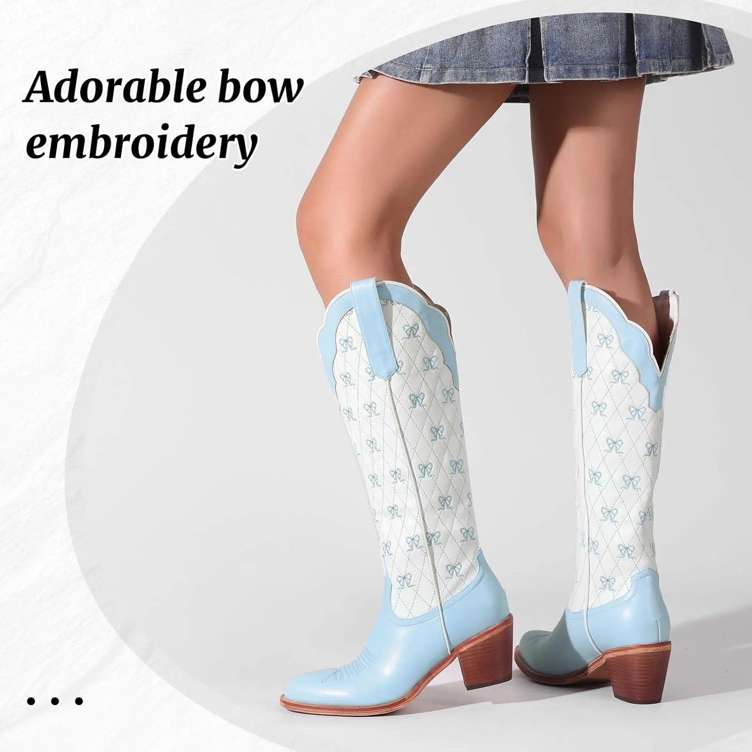 Women's Cute Cowboy Boots With Bow Embroidery Casual Knee High Cowgirl Boots For Women Chunky Heel Pointed Toe Western Style Boot With Color-Block Design For Prom Dressy Party