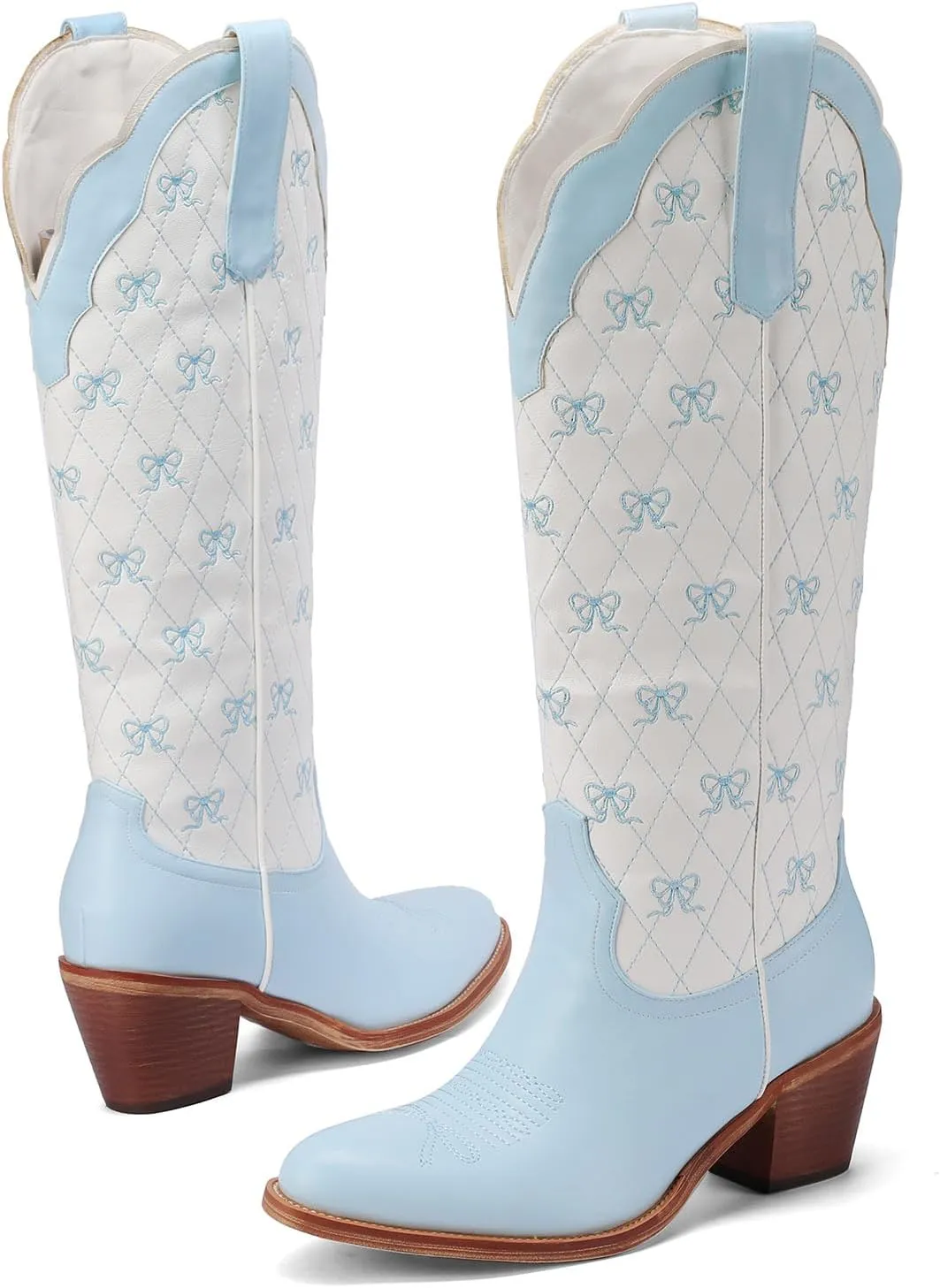 Women's Cute Cowboy Boots With Bow Embroidery Casual Knee High Cowgirl Boots For Women Chunky Heel Pointed Toe Western Style Boot With Color-Block Design For Prom Dressy Party