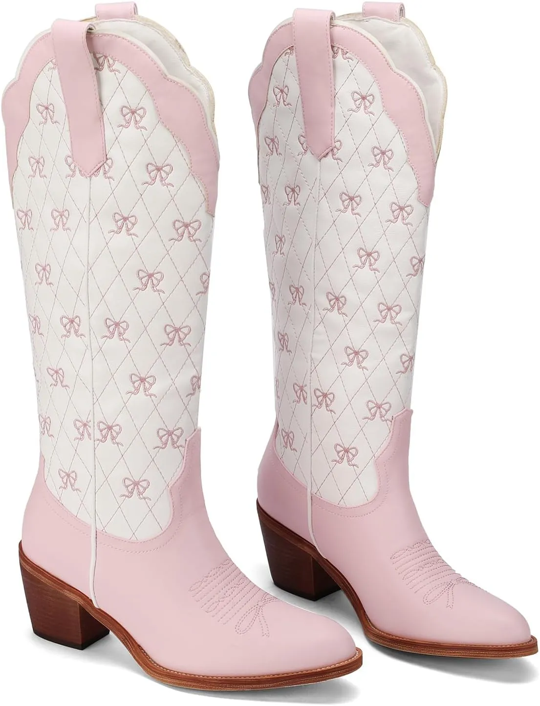 Women's Cute Cowboy Boots With Bow Embroidery Casual Knee High Cowgirl Boots For Women Chunky Heel Pointed Toe Western Style Boot With Color-Block Design For Prom Dressy Party