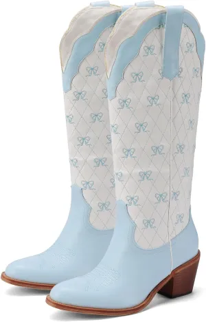 Women's Cute Cowboy Boots With Bow Embroidery Casual Knee High Cowgirl Boots For Women Chunky Heel Pointed Toe Western Style Boot With Color-Block Design For Prom Dressy Party