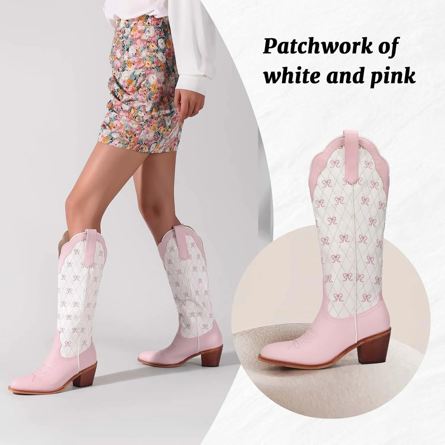 Women's Cute Cowboy Boots With Bow Embroidery Casual Knee High Cowgirl Boots For Women Chunky Heel Pointed Toe Western Style Boot With Color-Block Design For Prom Dressy Party
