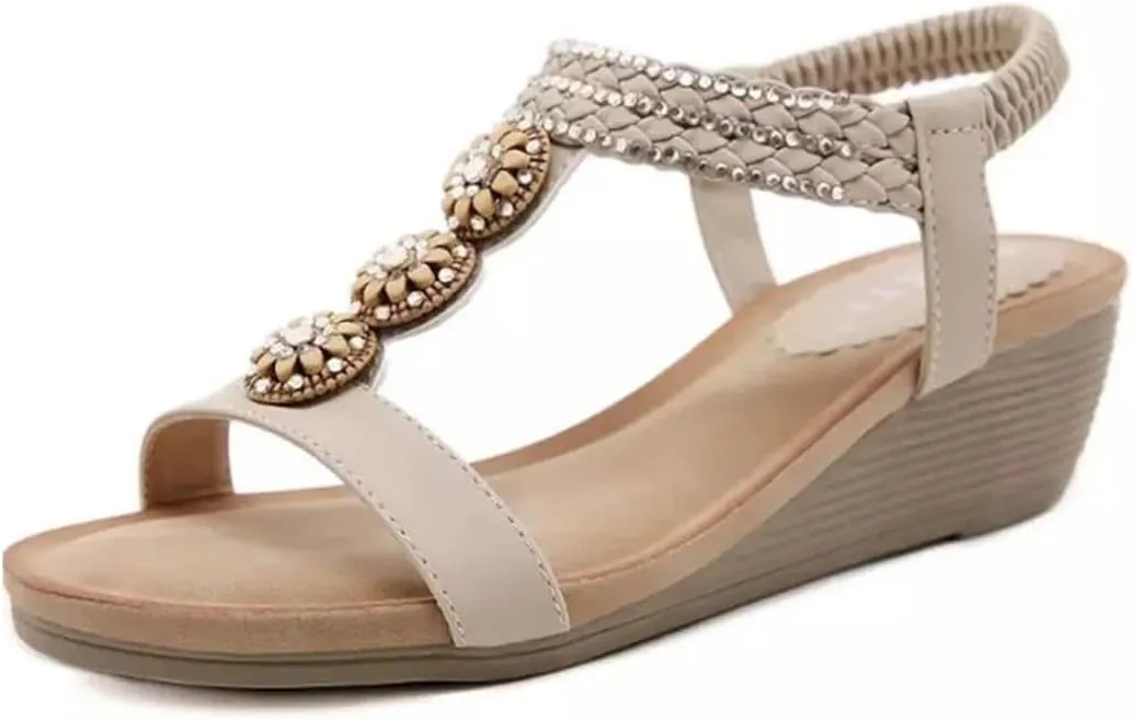 Womens Elastic Band Back Strap Wedge Heel Open Side Vamp Gladiator Sandals PU Upper Bohemian Summer Sandals