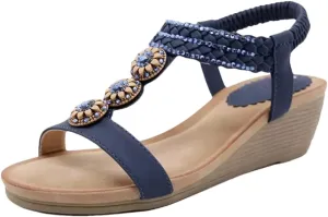 Womens Elastic Band Back Strap Wedge Heel Open Side Vamp Gladiator Sandals PU Upper Bohemian Summer Sandals