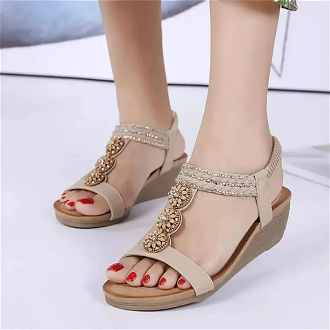 Womens Elastic Band Back Strap Wedge Heel Open Side Vamp Gladiator Sandals PU Upper Bohemian Summer Sandals