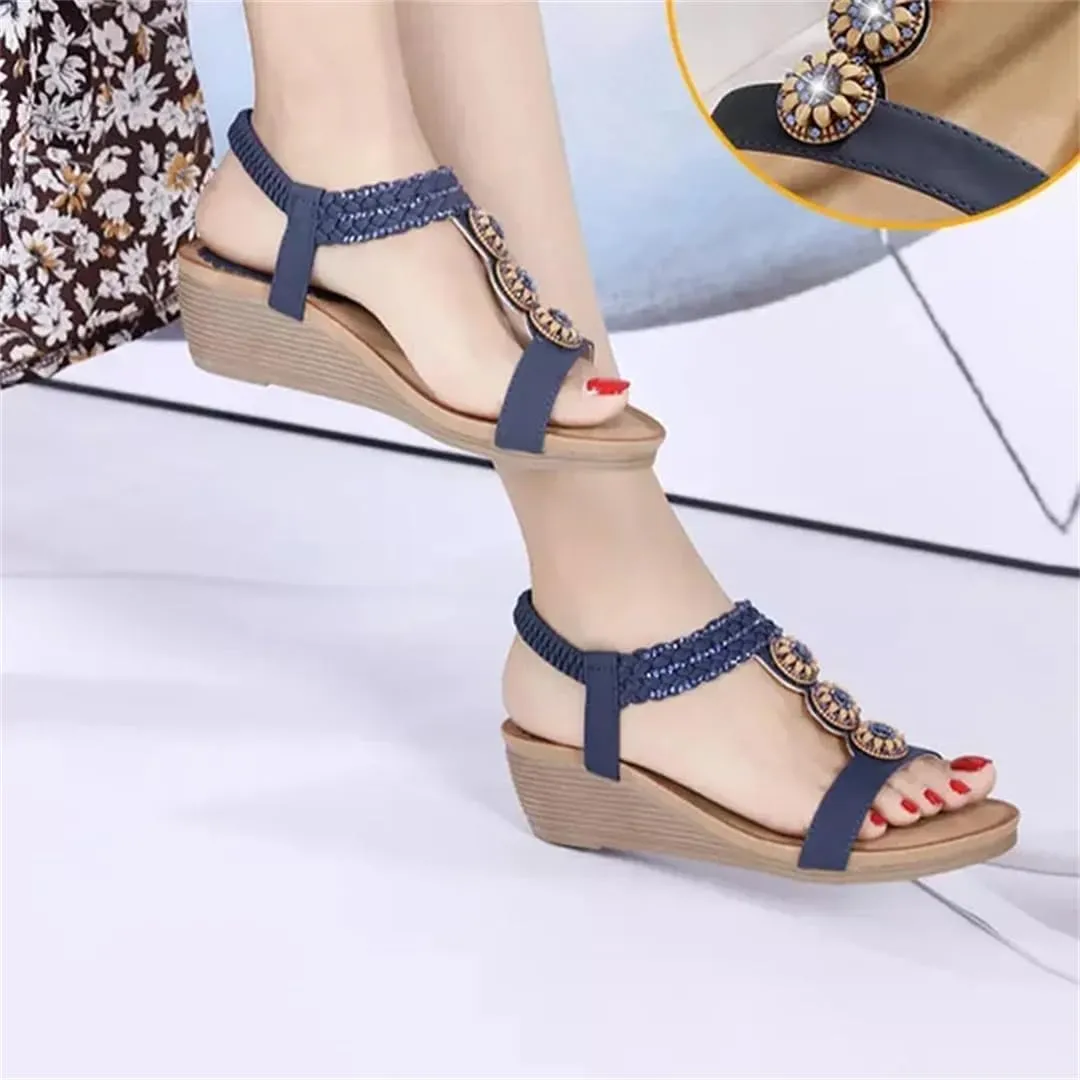 Womens Elastic Band Back Strap Wedge Heel Open Side Vamp Gladiator Sandals PU Upper Bohemian Summer Sandals