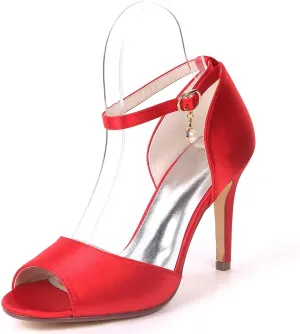 Women's Elegant Satin Kitten Heel Sandals with Buckle - Ivory White 3.54" (9cm) High Heels for Wedding, Bridal, Prom, and Evening Parties