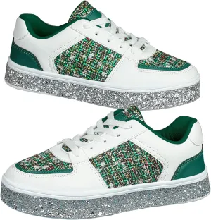 Women's Fashion Glitter Sneakers Flat Shoes, Sparkly Rhinestone Sneakers Trendy Sequin Shoes, Casual Shoes White Tennis Low Top Shoes Womens Lace Up Sneakers Wedding Bride Dress(Size:9,Color:Green)
