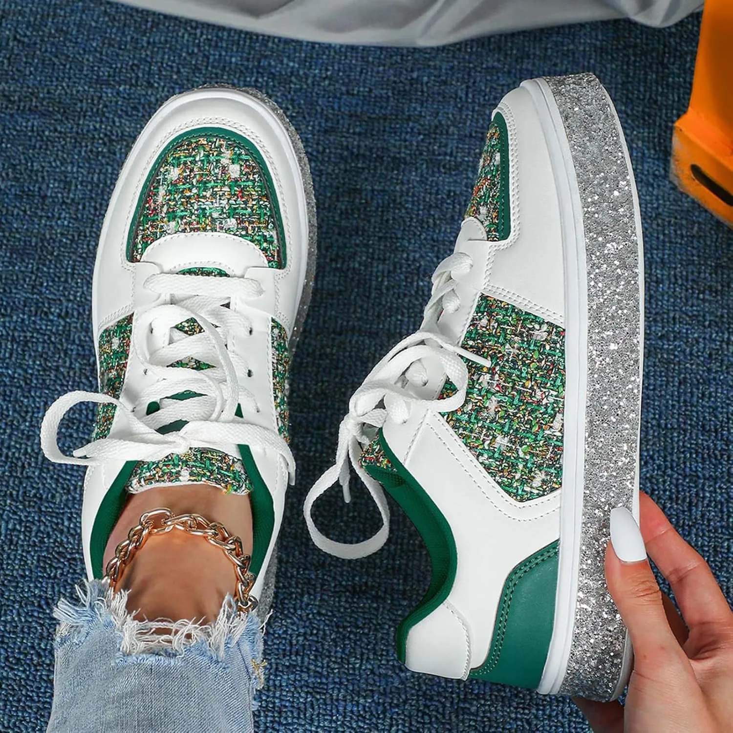 Women's Fashion Glitter Sneakers Flat Shoes, Sparkly Rhinestone Sneakers Trendy Sequin Shoes, Casual Shoes White Tennis Low Top Shoes Womens Lace Up Sneakers Wedding Bride Dress(Size:9,Color:Green)