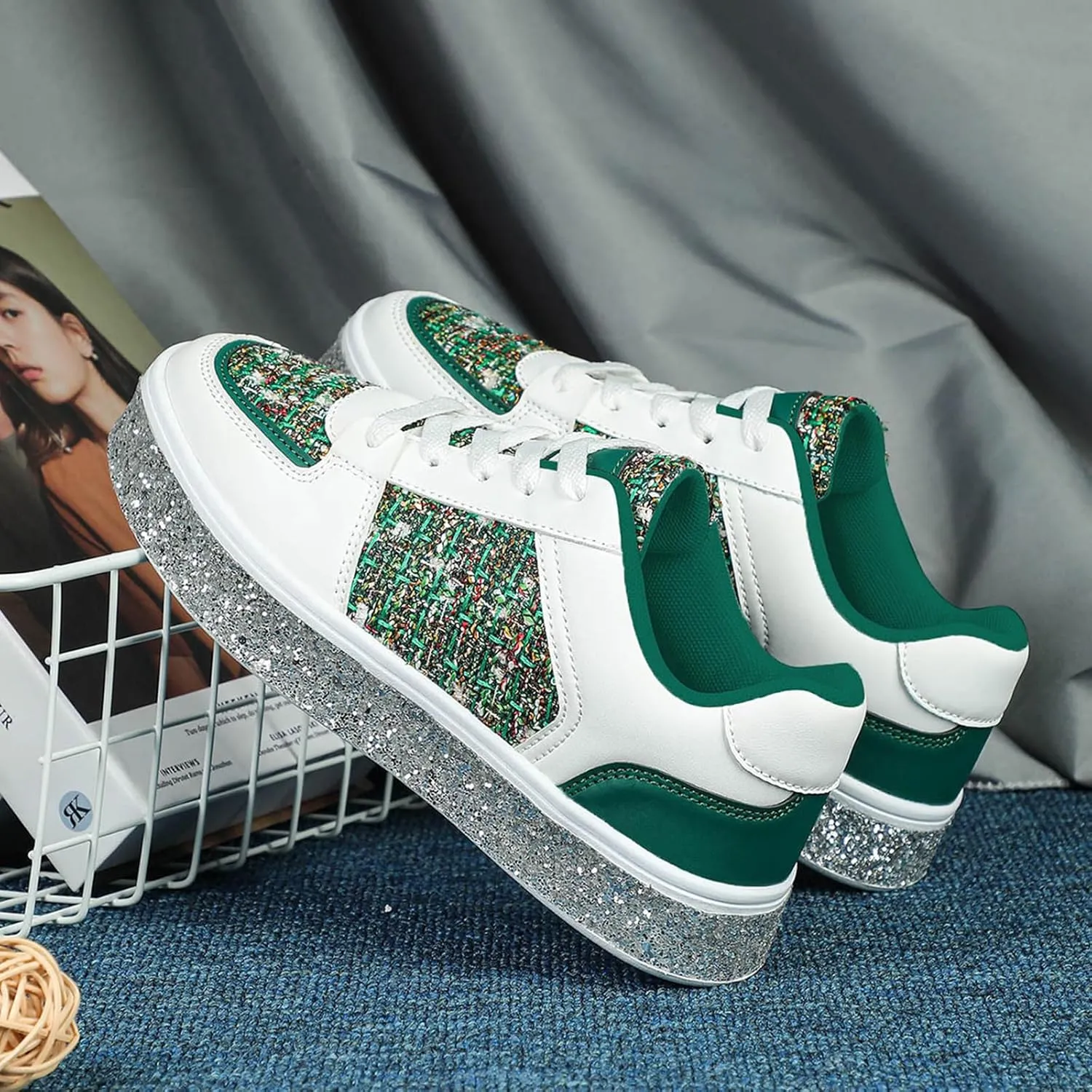 Women's Fashion Glitter Sneakers Flat Shoes, Sparkly Rhinestone Sneakers Trendy Sequin Shoes, Casual Shoes White Tennis Low Top Shoes Womens Lace Up Sneakers Wedding Bride Dress(Size:9,Color:Green)