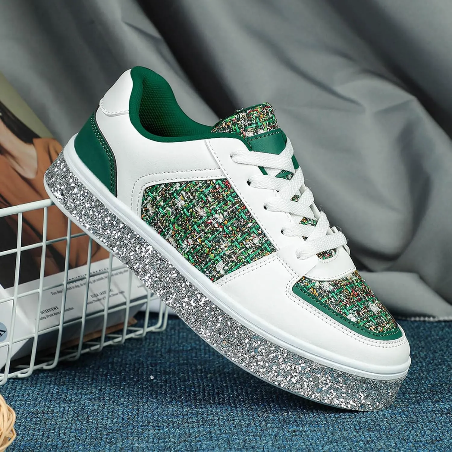 Women's Fashion Glitter Sneakers Flat Shoes, Sparkly Rhinestone Sneakers Trendy Sequin Shoes, Casual Shoes White Tennis Low Top Shoes Womens Lace Up Sneakers Wedding Bride Dress(Size:9,Color:Green)