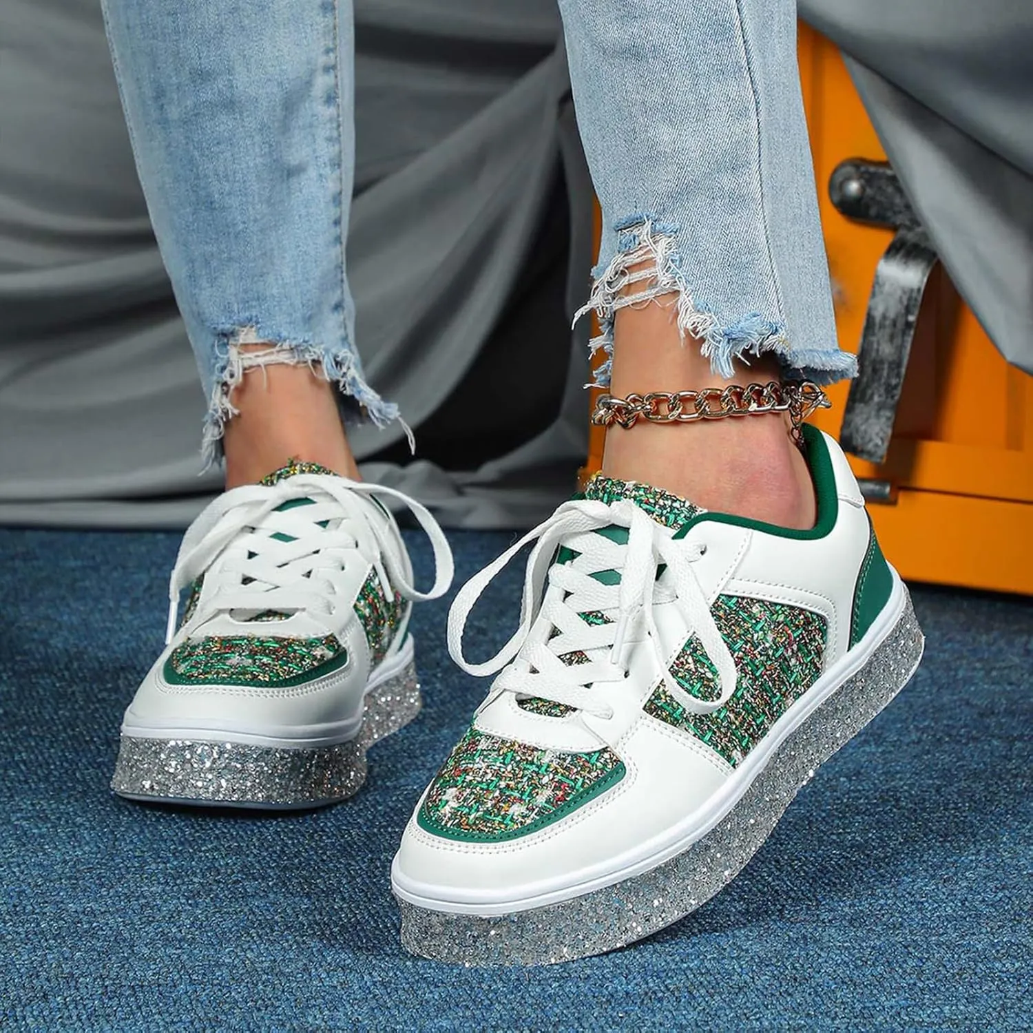 Women's Fashion Glitter Sneakers Flat Shoes, Sparkly Rhinestone Sneakers Trendy Sequin Shoes, Casual Shoes White Tennis Low Top Shoes Womens Lace Up Sneakers Wedding Bride Dress(Size:9,Color:Green)