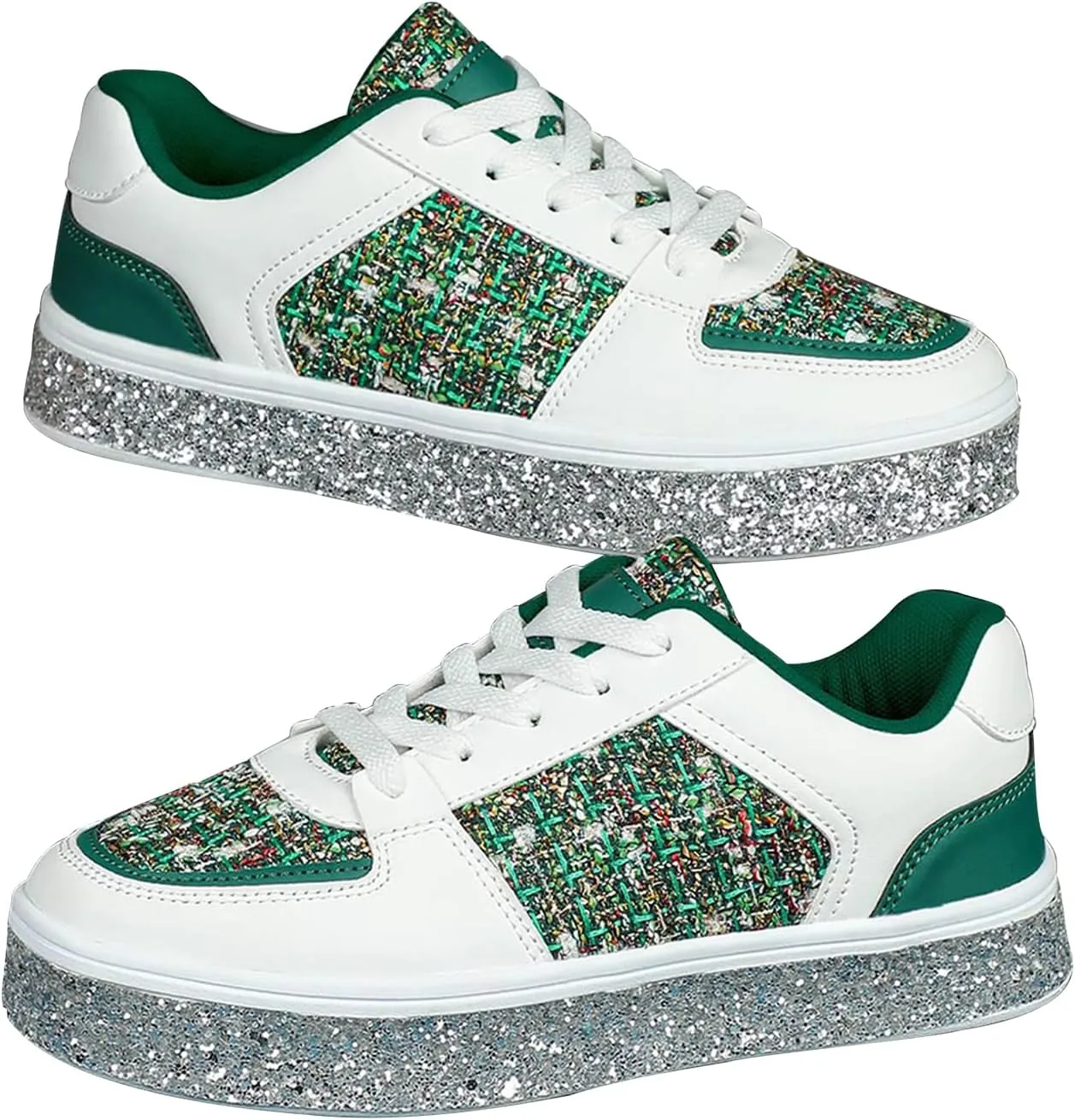 Women's Fashion Glitter Sneakers Flat Shoes, Sparkly Rhinestone Sneakers Trendy Sequin Shoes, Casual Shoes White Tennis Low Top Shoes Womens Lace Up Sneakers Wedding Bride Dress(Size:9,Color:Green)