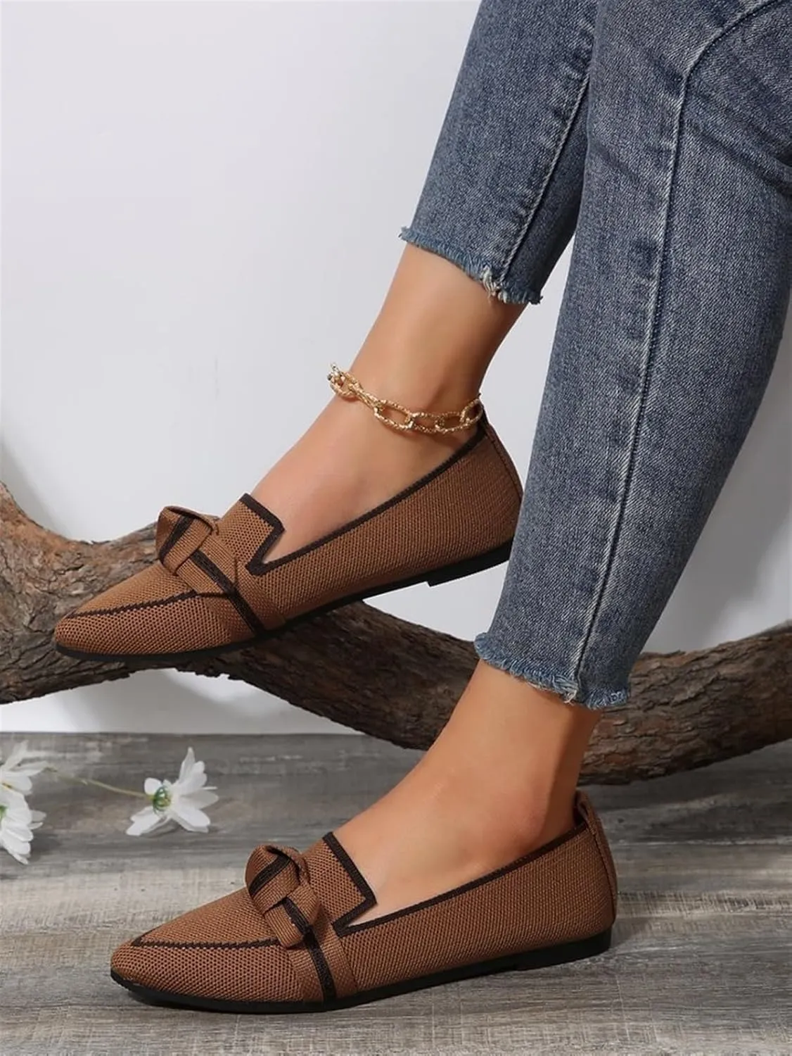 Women's Fashion Pointed-Toe Mesh Slip On Flats Dress Shoes Comfort Breathable Bow Soft Knit Ligntweight Ballets for Party Office Business Casual