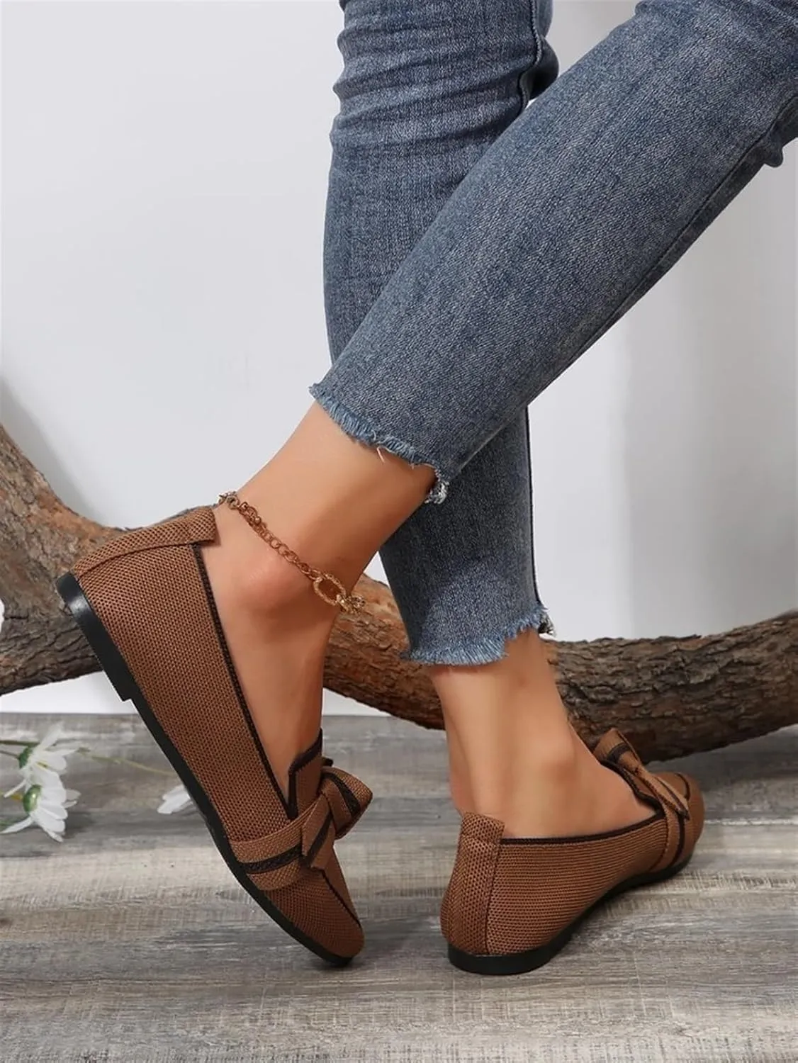 Women's Fashion Pointed-Toe Mesh Slip On Flats Dress Shoes Comfort Breathable Bow Soft Knit Ligntweight Ballets for Party Office Business Casual