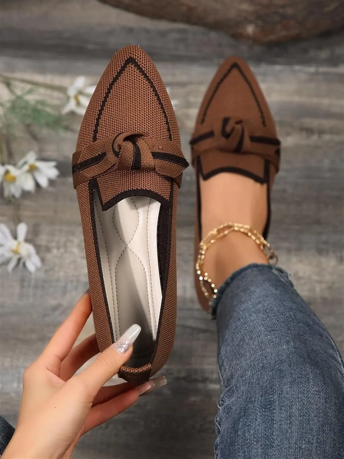 Women's Fashion Pointed-Toe Mesh Slip On Flats Dress Shoes Comfort Breathable Bow Soft Knit Ligntweight Ballets for Party Office Business Casual