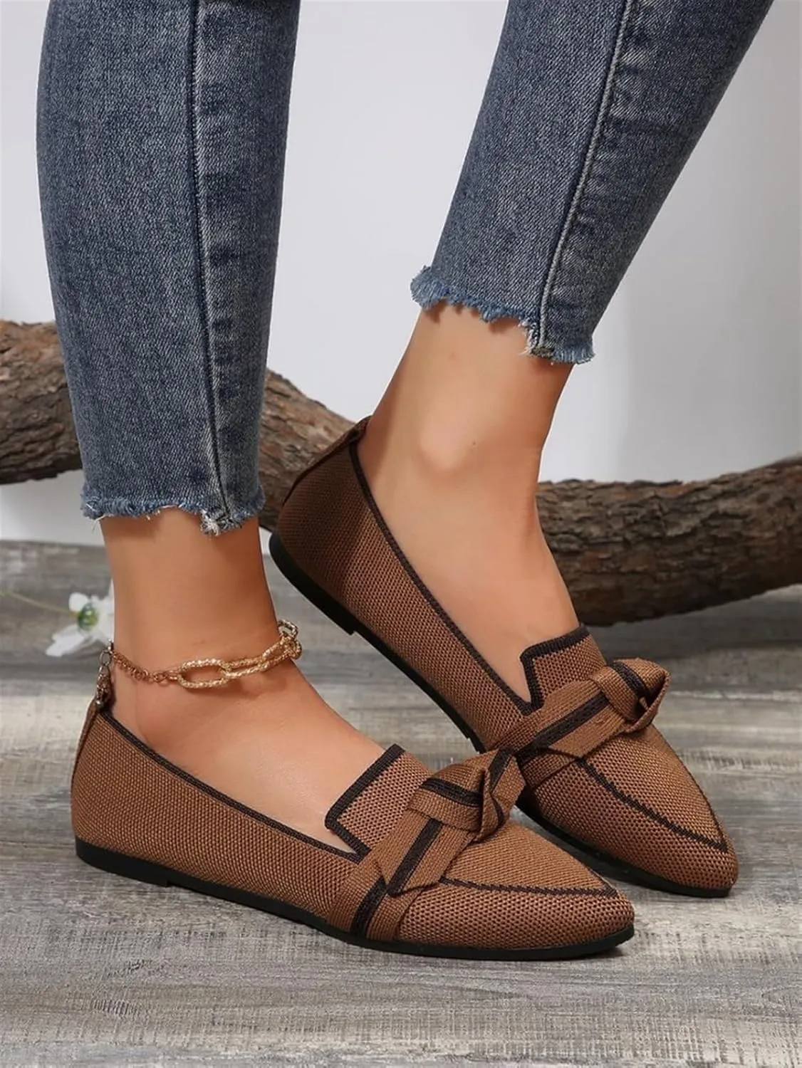 Women's Fashion Pointed-Toe Mesh Slip On Flats Dress Shoes Comfort Breathable Bow Soft Knit Ligntweight Ballets for Party Office Business Casual