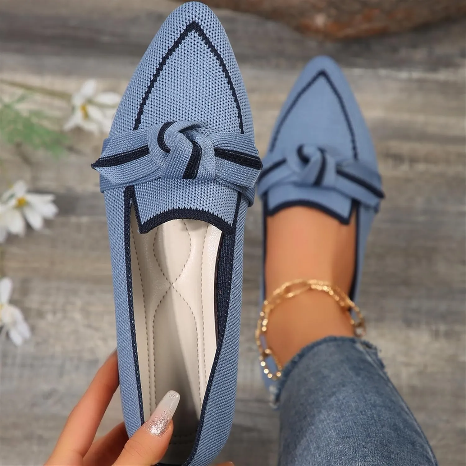 Women's Fashion Pointed-Toe Mesh Slip On Flats Dress Shoes Comfort Breathable Bow Soft Knit Ligntweight Ballets for Party Office Business Casual