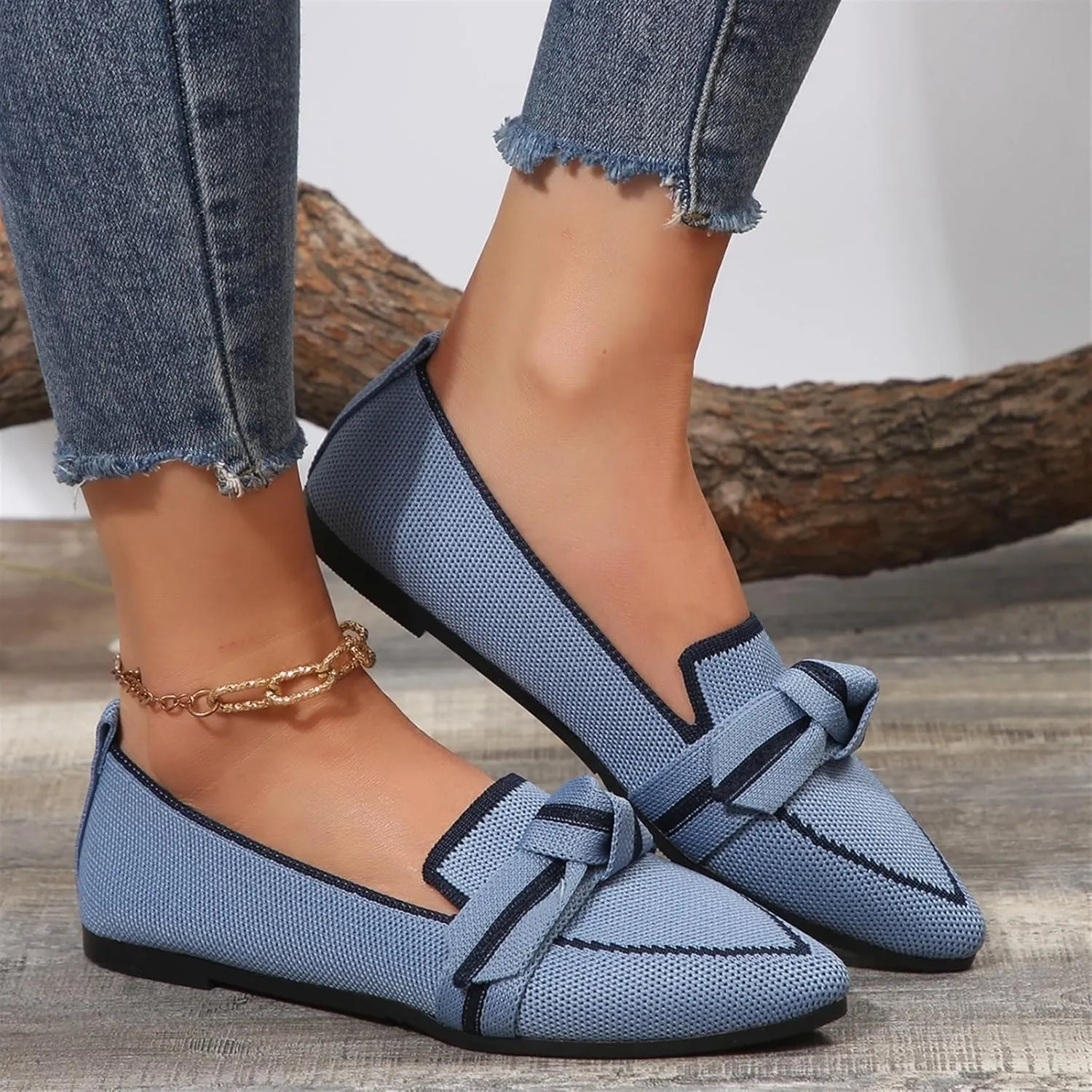 Women's Fashion Pointed-Toe Mesh Slip On Flats Dress Shoes Comfort Breathable Bow Soft Knit Ligntweight Ballets for Party Office Business Casual