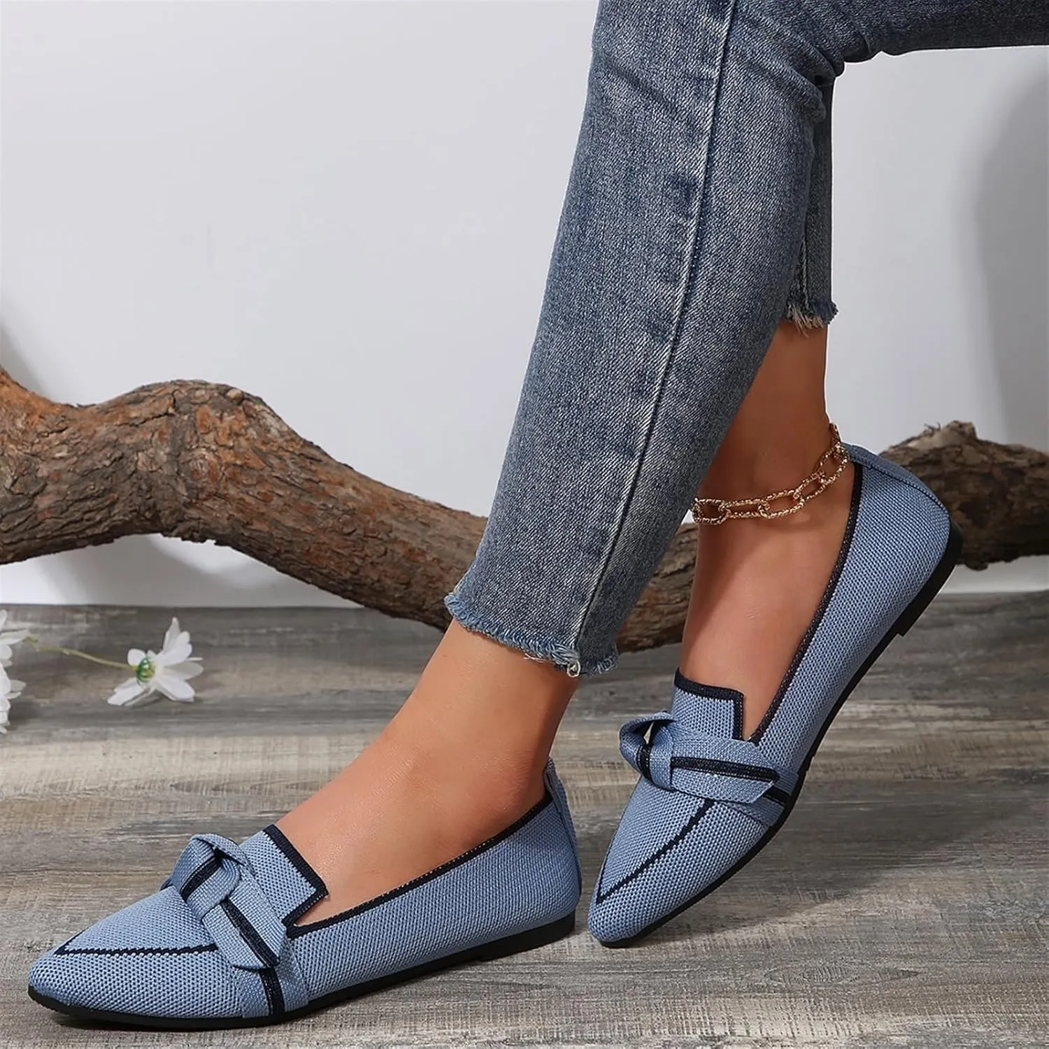 Women's Fashion Pointed-Toe Mesh Slip On Flats Dress Shoes Comfort Breathable Bow Soft Knit Ligntweight Ballets for Party Office Business Casual