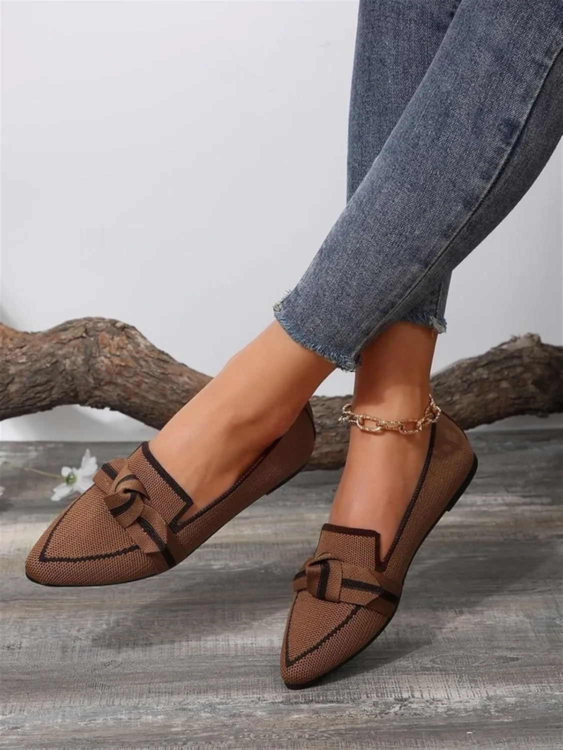 Women's Fashion Pointed-Toe Mesh Slip On Flats Dress Shoes Comfort Breathable Bow Soft Knit Ligntweight Ballets for Party Office Business Casual