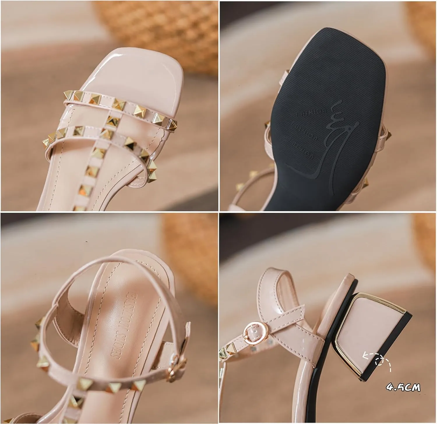 Women's Fashion Rivets Leather T-Strap Chunky Block Heel Sandals Comfort Adjustable Ankle Strap Buckle Square Open Toe Roman Sandals for Outdoor Party Prom Dress Shoes