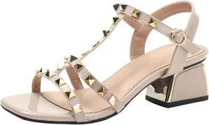 Women's Fashion Rivets Leather T-Strap Chunky Block Heel Sandals Comfort Adjustable Ankle Strap Buckle Square Open Toe Roman Sandals for Outdoor Party Prom Dress Shoes
